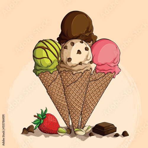  Mixed Ice Cream Cone Collection with Chocolate, Strawberry, Pistachio, and Cookie Dough Flavors