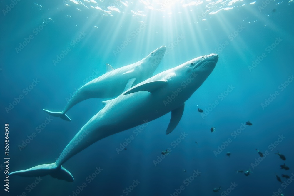 Obraz premium Two white whales swimming side by side near the surface, sunlight filtering through the water. The underwater scene is clear with small fish around