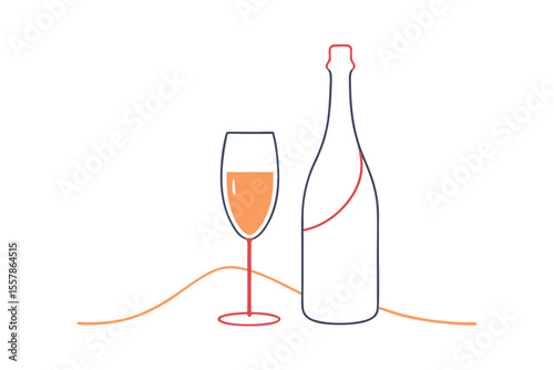 Elegant sparkling wine bottle and champagne glass line art