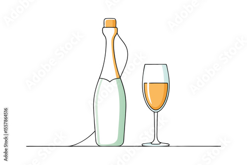 Minimalist bottle of sparkling wine with champagne flute vector