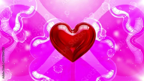 Valentine's Day elegent animation, featuring a central, glossy red heart surrounded by a dynamic background of flowing pink and white roses. Glowing pink hearts. Perfect for love-themed projects.