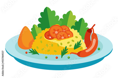 Colorful bulgar pilaf dish with shrimps and fresh vegetables