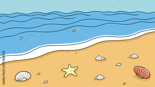 Relaxing beach landscape with seashells and soft wave patterns