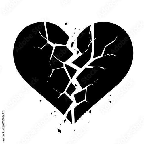 Cracked heart silhouette on a transparent background, symbolizing heartbreak and emotion