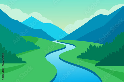Quiet river winding through forested lush valley landscape