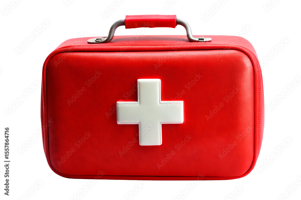 Obraz premium Red first aid kit with white cross and metal handle isolated on a transparent background medical kit