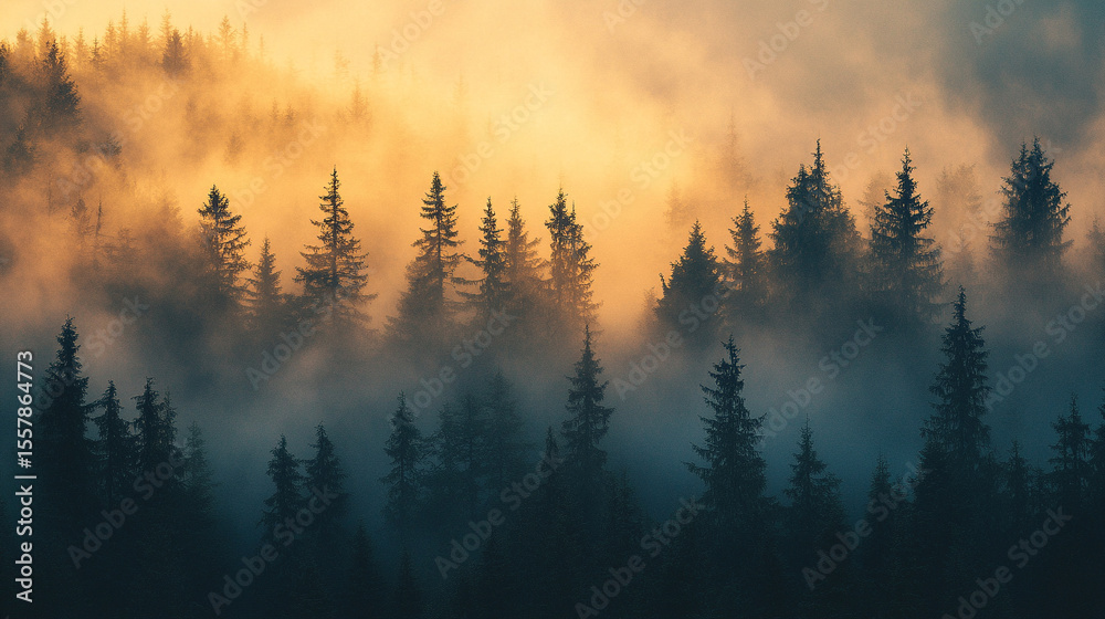 Fototapeta premium A serene forest ridge cloaked in early morning fog with tall pine trees silhouetted against the gentle glow of the rising sun. The mist creates a tranquil and mysterious atmosphere, highlighting the n