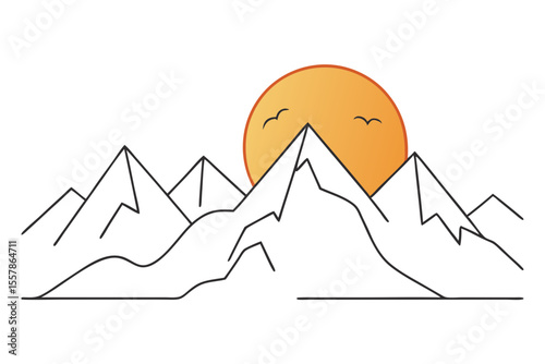 stylized sun with mountain range vector line drawing