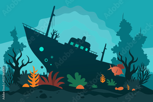 sunken shipwreck vector with sea creatures art