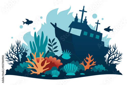 coral reef and shipwreck silhouette vector drawing