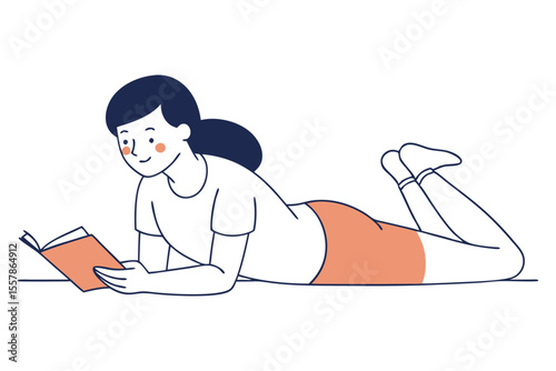 woman lying prone reading book minimalist line art