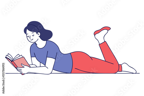 relaxed woman reading book on floor line art vector