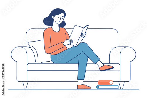 woman on sofa reading book minimalist line drawing