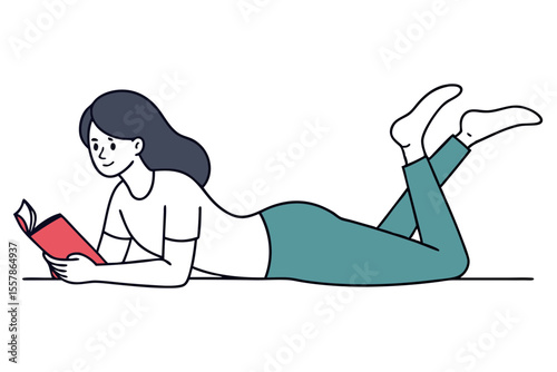 female reading book on floor vector line drawing