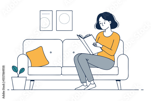line art of woman relaxing and reading book vector