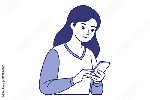 line art of young woman browsing smartphone vector