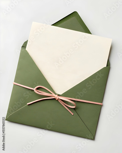 Olive green envelope with ivory card and blush string