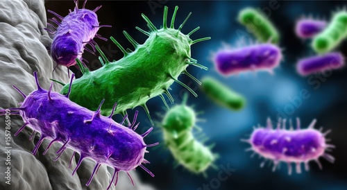 Probiotic bacteria structure: beneficial microbe, gut flora, lactic organism, healthy culture, rod shape, bacterial colony, microbiota system, bioactive cell, floating life, microscopic scene,