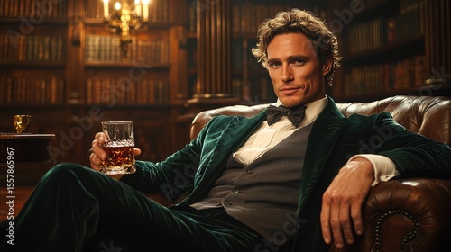 man in deep green velvet smoking jacket relaxes in vintage leather armchair he savors glass of aged whiskey while surrounded dimly lit old world library filled books
