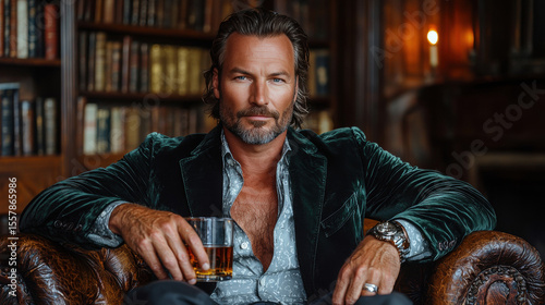 in dimly lit old world library, sophisticated man relaxes in leather armchair wearing deep green velvet smoking jacket he savors glass of aged whiskey contemplative expression