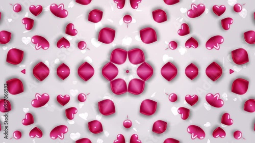 Valentine's Day mesmerizing kaleidoscope animation featuring pink hearts. Symmetrical, repeating design, romantic and dreamy atmosphere. White and ash soft background, for love-related content.