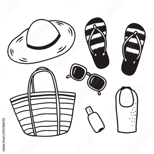 shoe beach fashion summer flip footwear sandal shoes foot hand-drawn summer beach Icons with Hat Flip flops sunscreen tote coastal travel icons vacation essentials icons beach trip icons vacation 