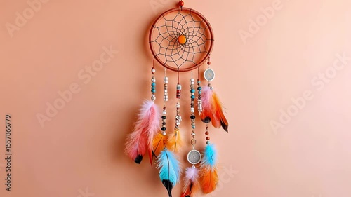 Colorful dreamcatcher with feathers and beads against a peach background.