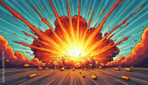 Comic-style illustration of huge explosion. Dynamic burst of energy with orange, yellow, red colors. Vivid illustration represents action, power, force, impact, action. Suitable for comics, graphic