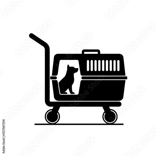 Pet carrier on luggage cart with dog inside representing Pets in Transit  