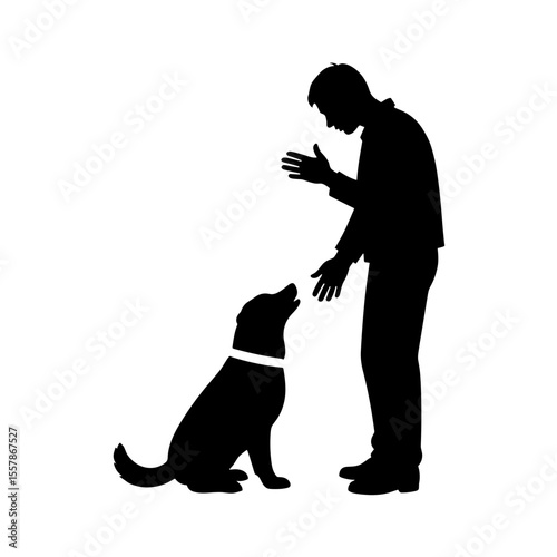 Man calming dog before boarding in silhouette style concept of Pets in Transit  