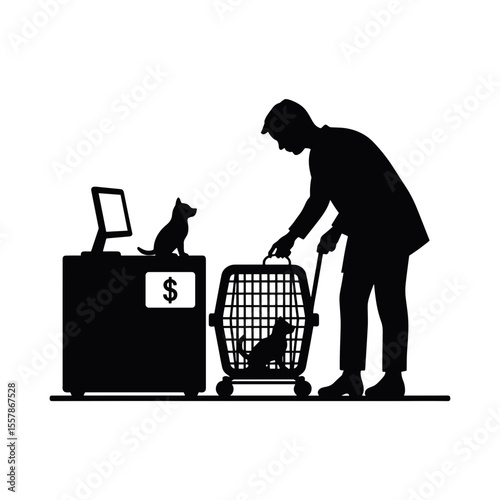 Man assisting dog from pet carrier at airport security checkpoint - Concept of Things to do in airport  