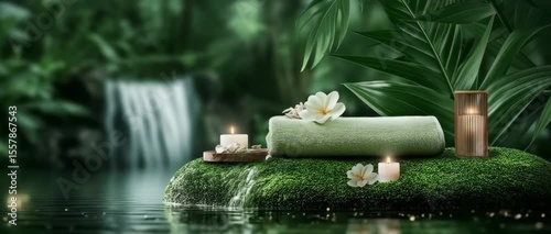 Serene spa scene with candles and towels by a waterfall.
