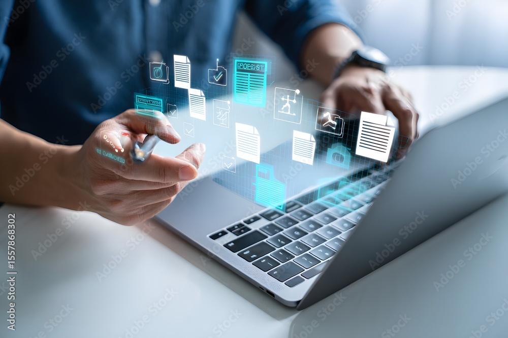 Businessman touching approved document icon on digital documents for approve business project proposals. Quality assurance and online evaluation of business concept Businessman touching approved document icon on digital documents for approve business project proposals. Quality assurance and online evaluation of business concept