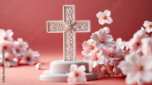 Ornate white cross on a pedestal, surrounded by delicate pink blossoms. A symbol of peace and serenity.