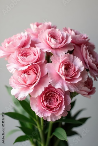 A lush bouquet of soft pink carnations, tightly arranged , fresh, flower arrangement, carnations