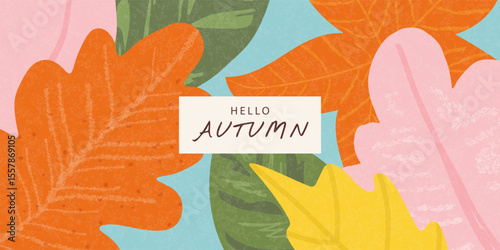 Colorful autumn leaves, background in a textured drawing style, for a seasonal promotion or website backdrop, vector illustration.