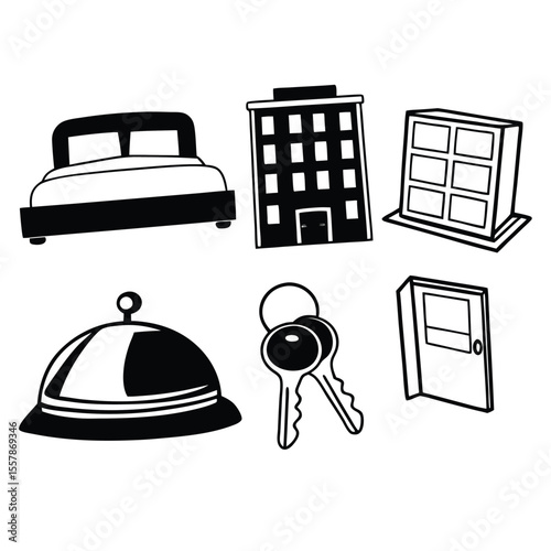 hotel service line Icons with bed keycard tray bell building accommodation icons bed icon keycard icon symbol icons hotel kitchen guest check-in icons hotel ui icons line art travel icons digital 