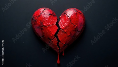 Cracked, bleeding heart shape on black backdrop , love, end, grief