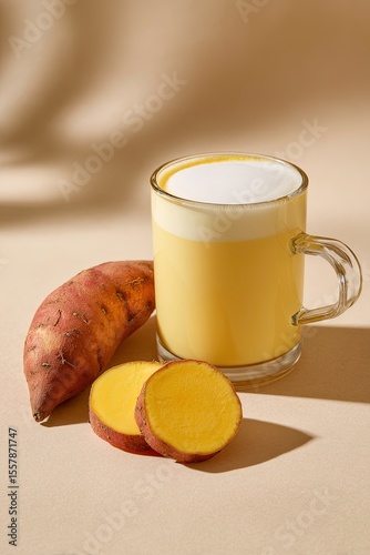 Sweet Potato Latte in a Glass Mug with Autumn Mood