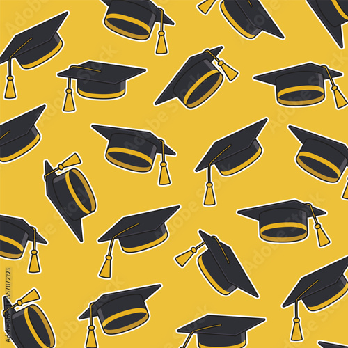 Graduation background, vector seamless pattern with flying shine graduate cap with tassel and on gold background