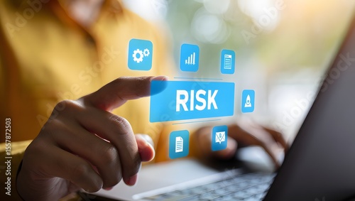 Risk management concept, Risk assessment. Person using laptop to business and personal planning for risk mitigation with information and decision.
