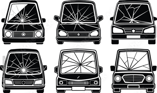 Vector art of collection of cars with broken windshields isolated on transparent background