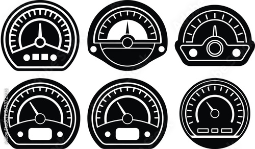 Vector art of set of speedometer gauges isolated on transparent background in black and white
