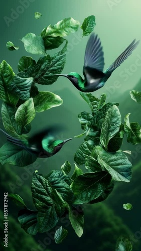 Two hummingbirds amidst vibrant green leaves.