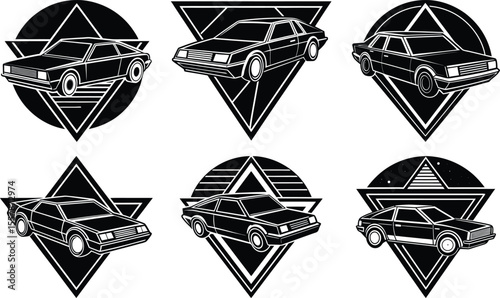 Vector art of classic car silhouettes with geometric triangle isolated on transparent background