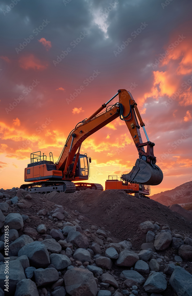 Orange excavator operates in Athens, Greece at sunset. Hydraulic machinery excavates earth. Heavy equipment construction site. Engineering, development, digging job at dusk in urban environment. Orange excavator operates in Athens, Greece at sunset. Hydraulic machinery excavates earth. Heavy equipment construction site. Engineering, development, digging job at dusk in urban environment.