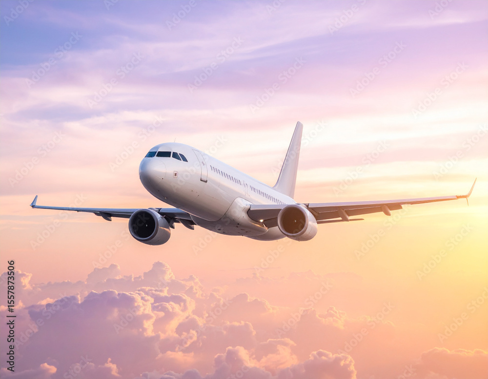 Fototapeta premium Airplane Soaring Through Sunset Sky A Breathtaking Aerial View