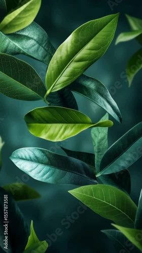 Vibrant green leaves against a dark background.