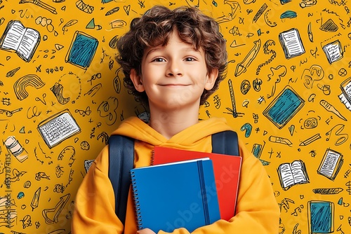 Happy Mexican boy with colorful backpack and notebooks, vibrant school background