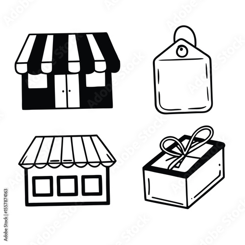 retail line Icons set with storefront price tag discount sign icon vector illustration box gift symbol design present set  online store icons retail signage icons shopping tag icons promotional
